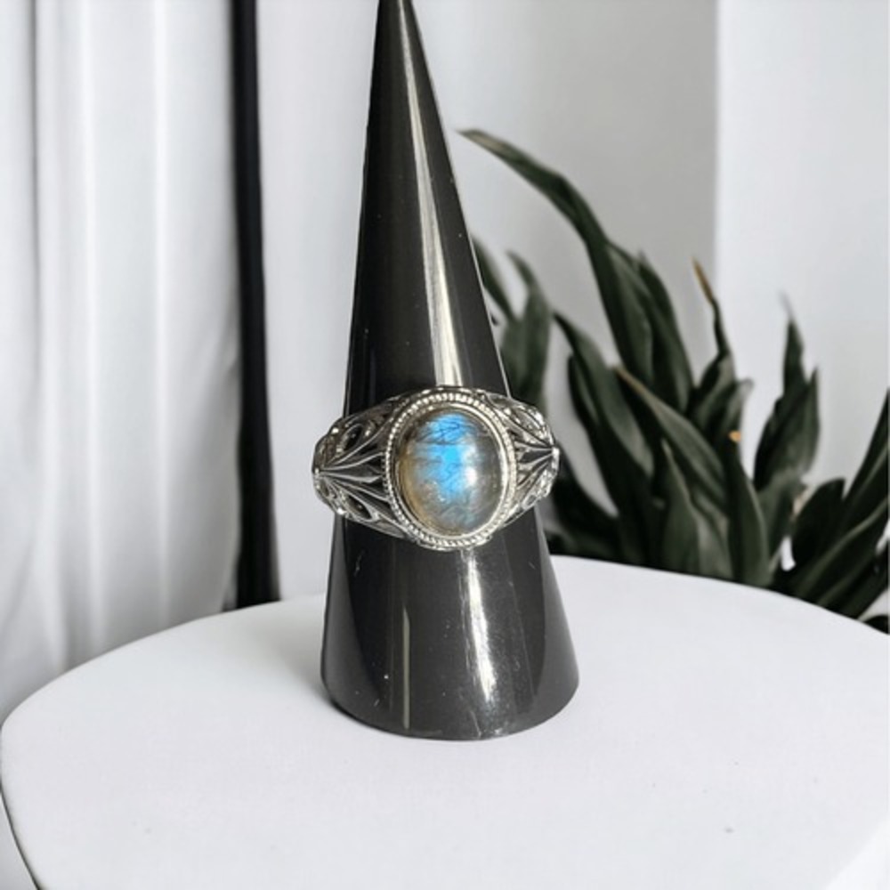 Labradorite Crystal Silver Tone Filigree Ring Size 9  Adjustable‎